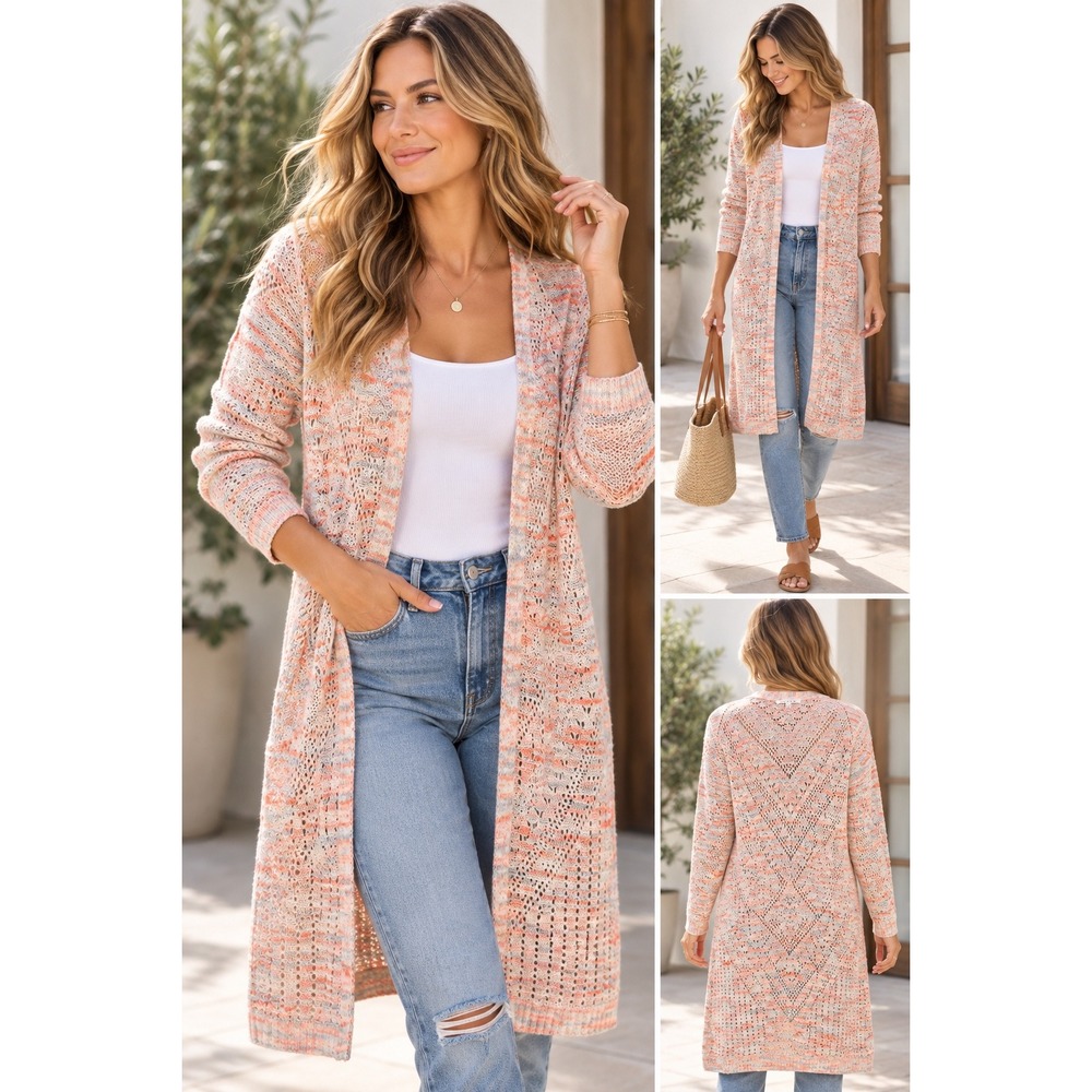 Hooked Up Womens Duster Cardigan Space Dye Pointelle Knit Coral Pink XS Boho